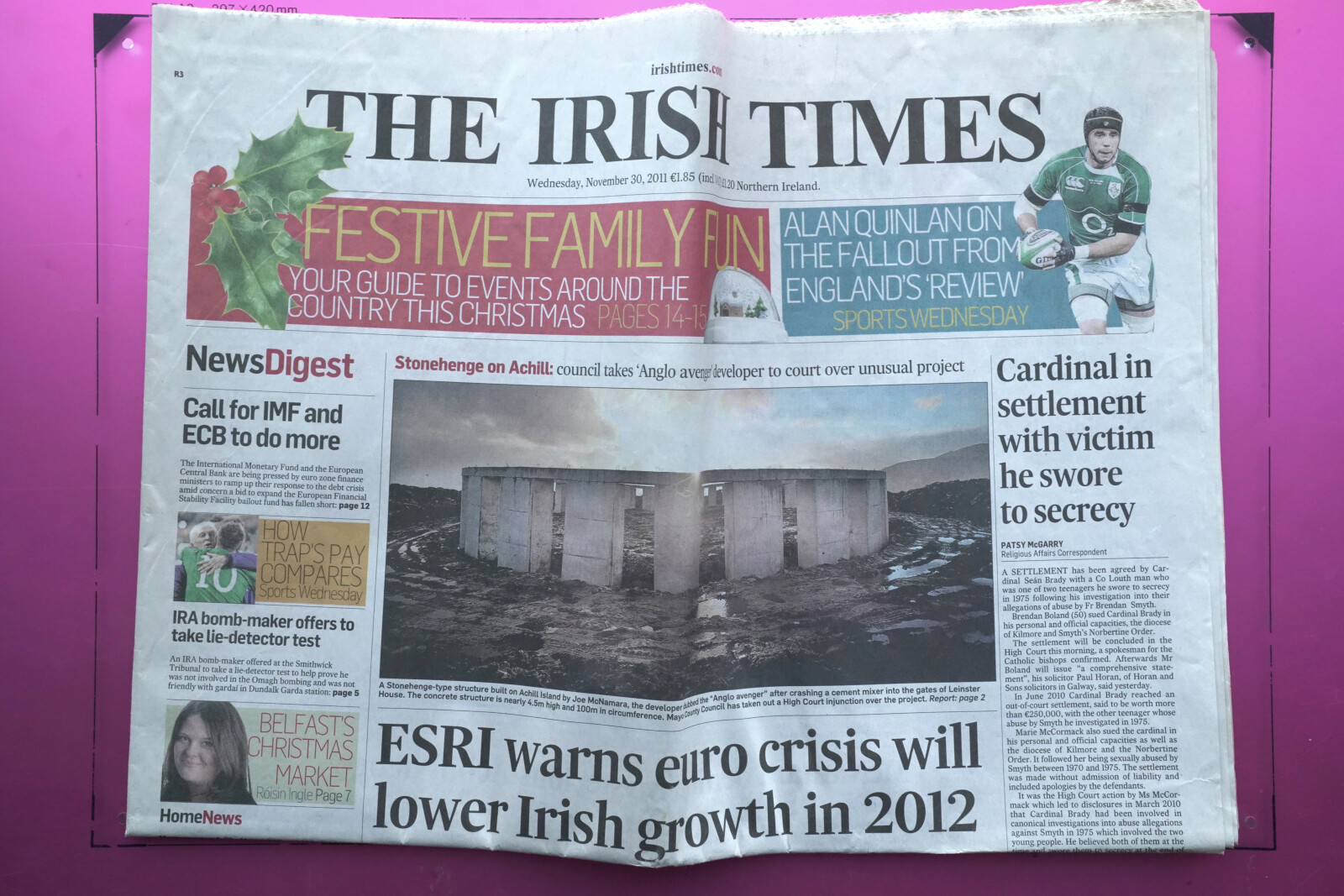 <p><strong>Fig. 75.</strong> My copy of the <em>Irish Times</em>, Wednesday 30 November 2011.</p>
